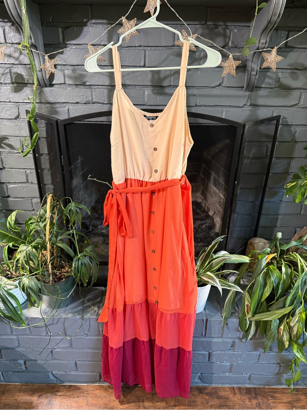 BloomChic Cream, Orange & Berry Tiered Button-Front Maxi Dress